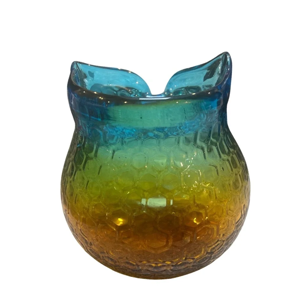 Art Glass Owl Vase Ombre Blue Amber Honeycomb Texture Hand Blown 7 Inch